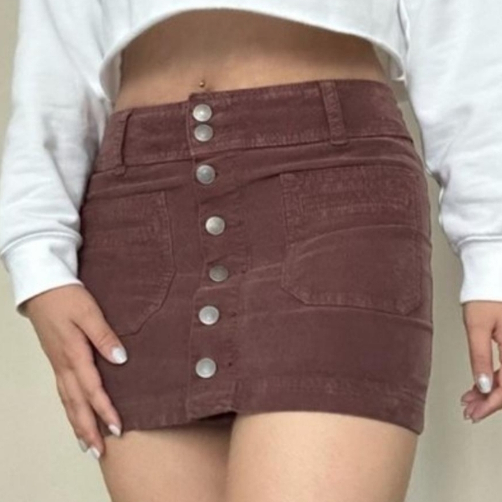 Free People We The Free Joanie Corduroy Mini Skirt Brown Button Front Size 26